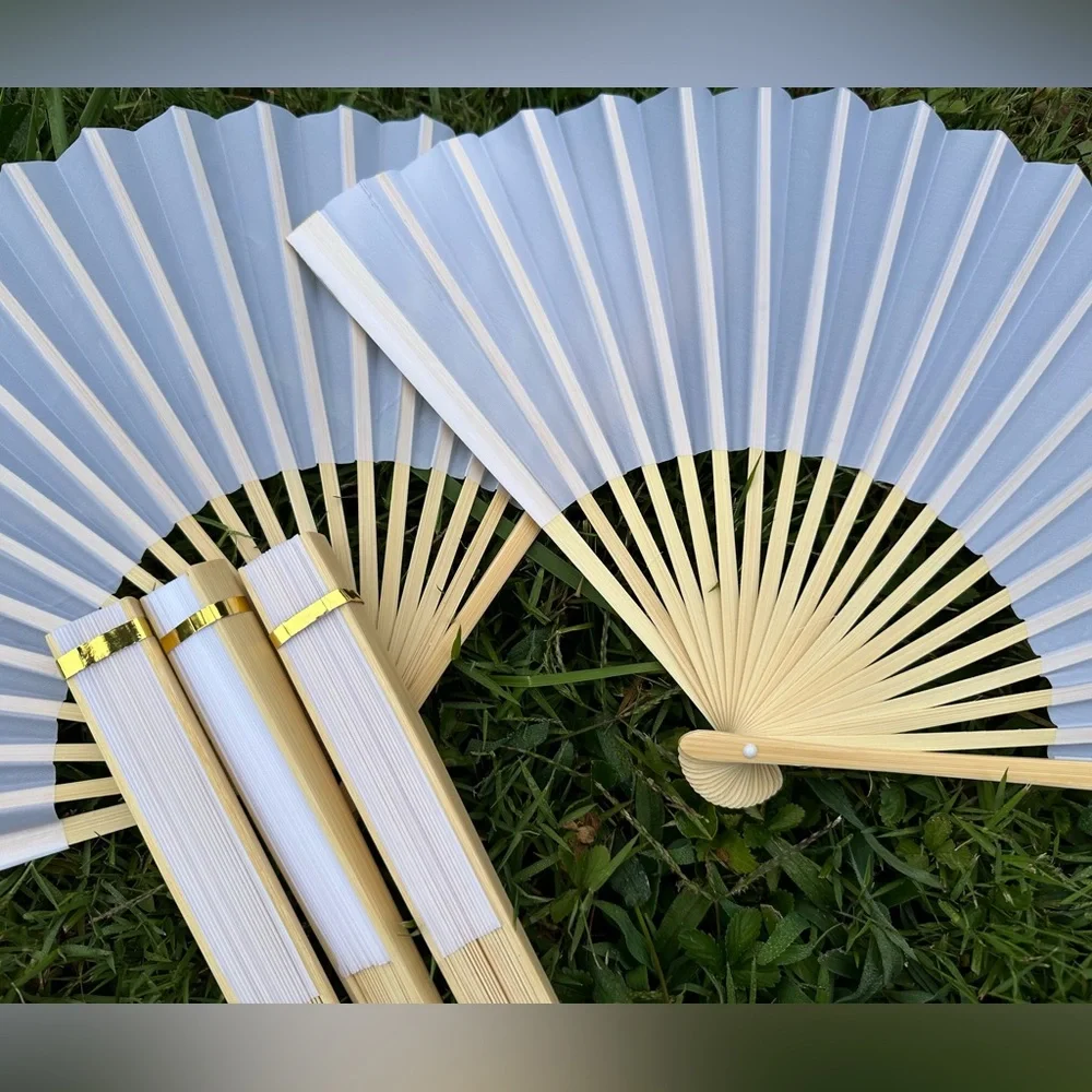 5 White Silk Fans for Wedding Favors